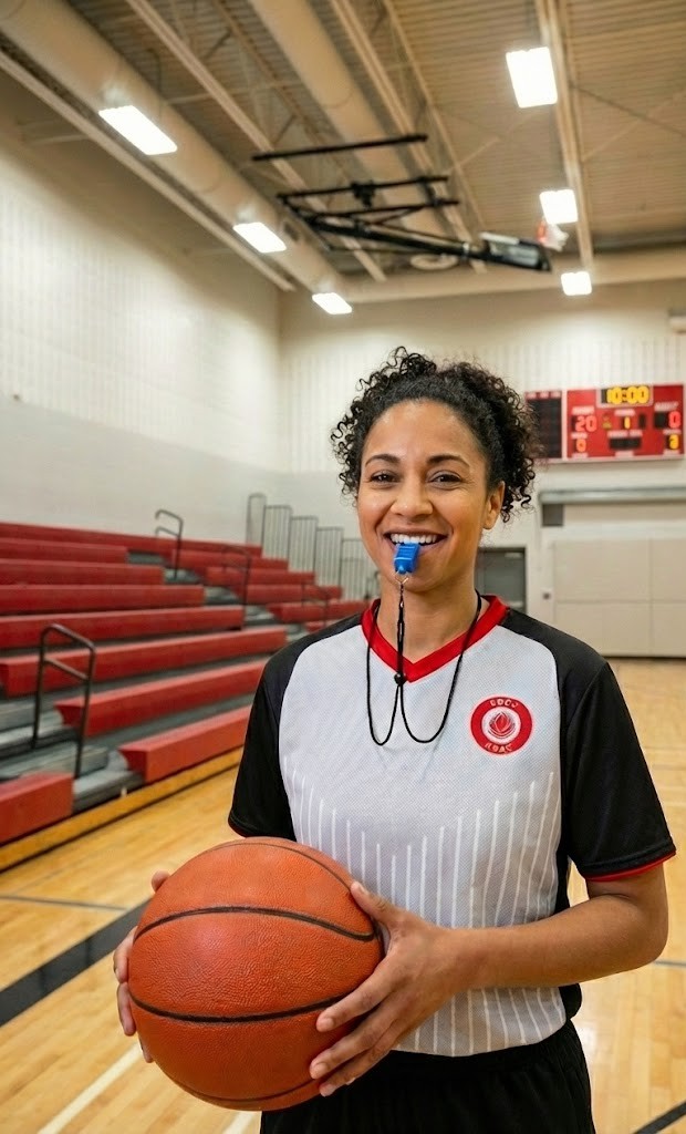 Young basketball referee wearing a blue whistle